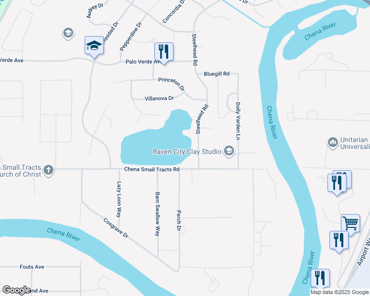 map of restaurants, bars, coffee shops, grocery stores, and more near 40 Steelhead Road in Fairbanks