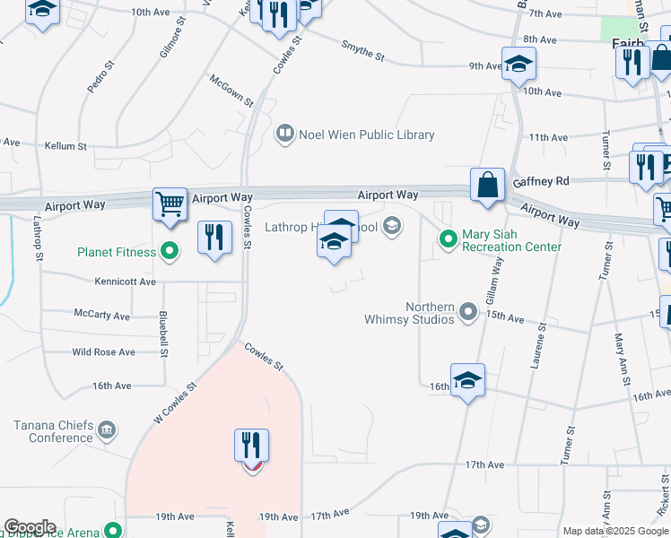 map of restaurants, bars, coffee shops, grocery stores, and more near 901 Airport Way in Fairbanks