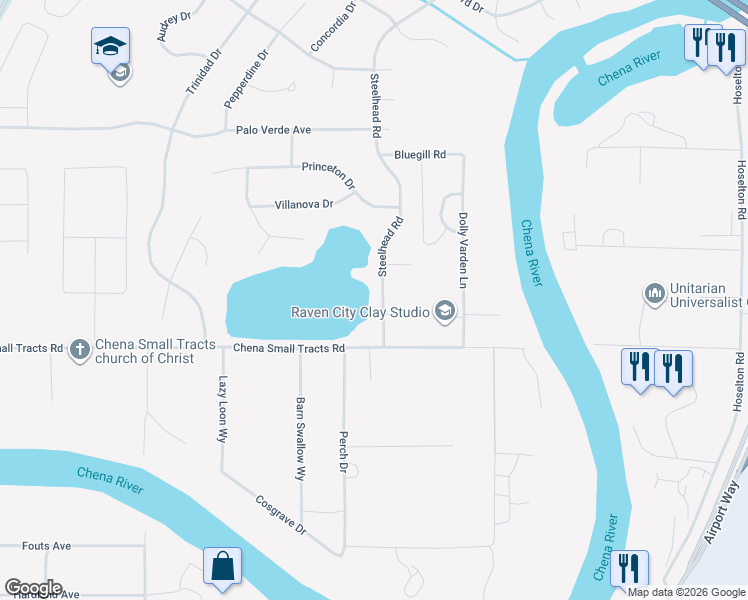map of restaurants, bars, coffee shops, grocery stores, and more near 28 Steelhead Road in Fairbanks