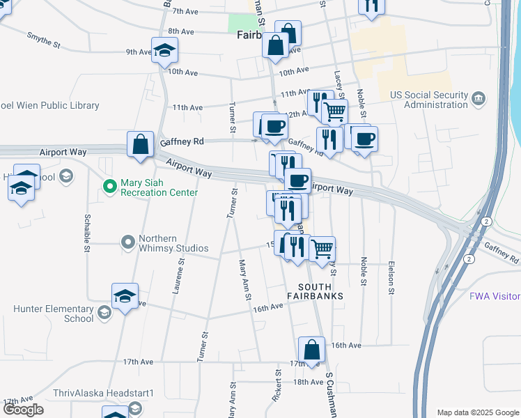 map of restaurants, bars, coffee shops, grocery stores, and more near 1422 Stacia Street in Fairbanks