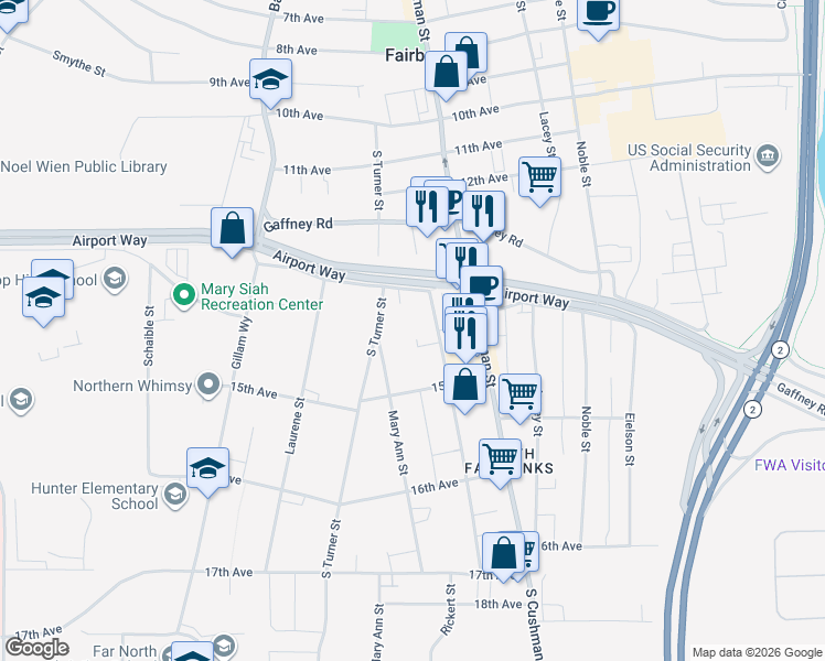 map of restaurants, bars, coffee shops, grocery stores, and more near 709 14th Avenue in Fairbanks
