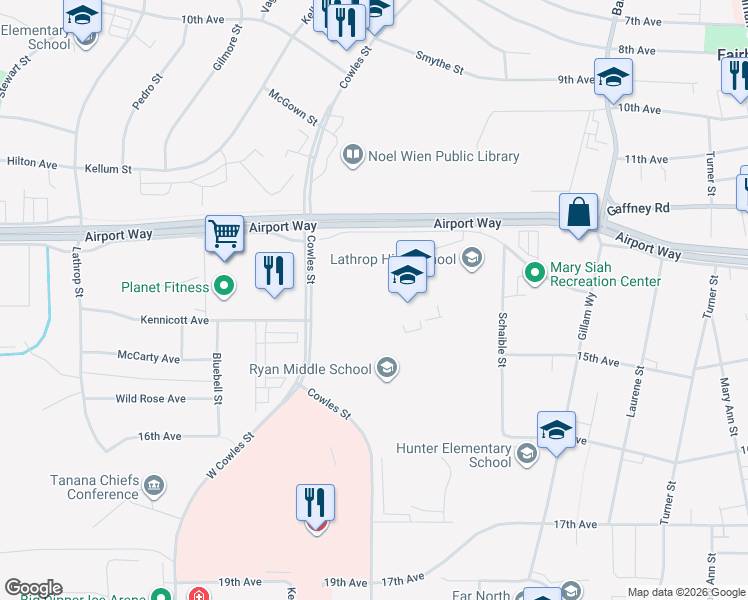 map of restaurants, bars, coffee shops, grocery stores, and more near 951 Airport Way in Fairbanks