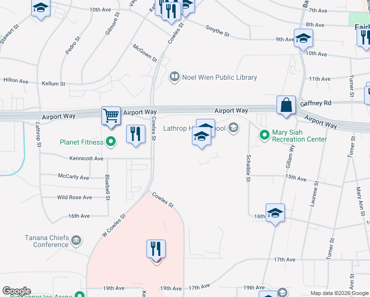 map of restaurants, bars, coffee shops, grocery stores, and more near 951 Airport Way in Fairbanks