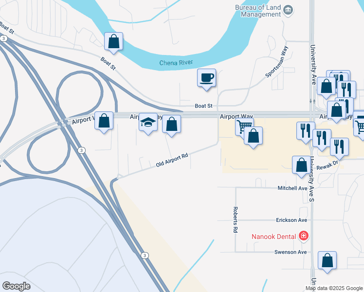 map of restaurants, bars, coffee shops, grocery stores, and more near 4550 Old Airport Road in Fairbanks