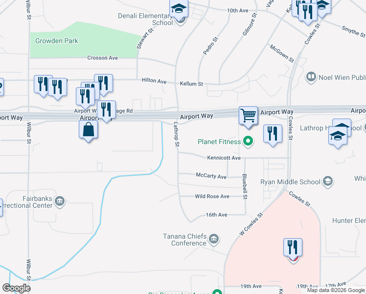 map of restaurants, bars, coffee shops, grocery stores, and more near 1411 Lathrop Street in Fairbanks