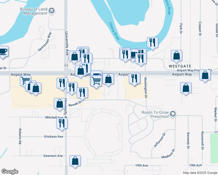 map of restaurants, bars, coffee shops, grocery stores, and more near 1307 Kalakaket Street in Fairbanks