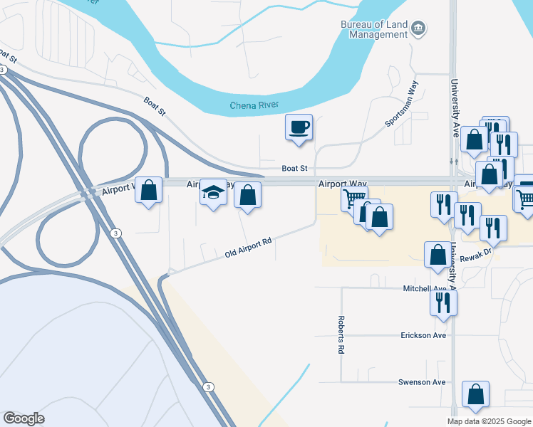 map of restaurants, bars, coffee shops, grocery stores, and more near 4580 Old Airport Way in Fairbanks