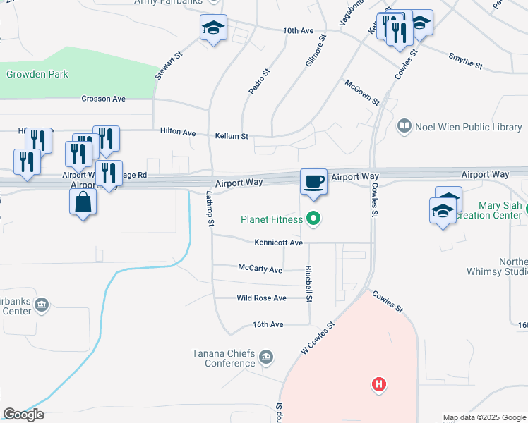 map of restaurants, bars, coffee shops, grocery stores, and more near 1375 Airport Way in Fairbanks