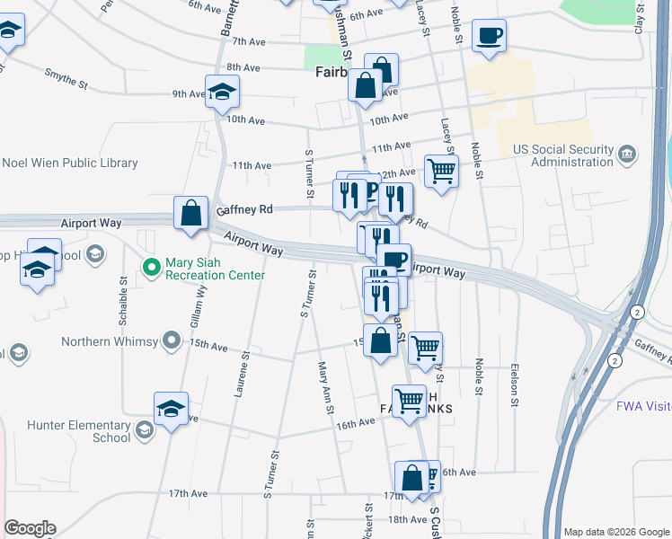 map of restaurants, bars, coffee shops, grocery stores, and more near 709 14th Avenue in Fairbanks