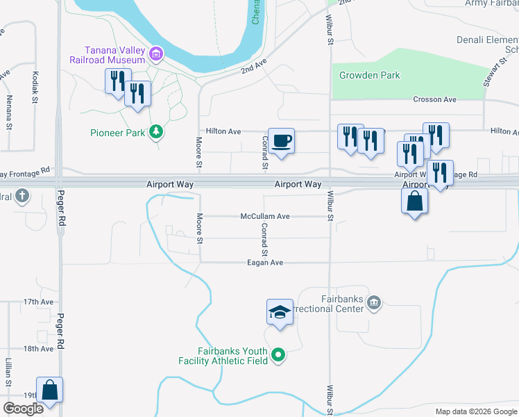 map of restaurants, bars, coffee shops, grocery stores, and more near 2106 McCullam Avenue in Fairbanks