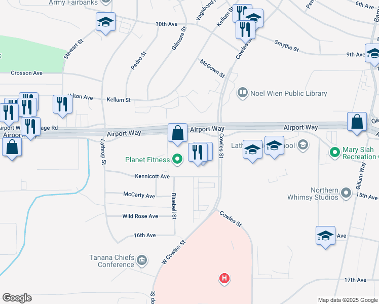 map of restaurants, bars, coffee shops, grocery stores, and more near 1255 Airport Way in Fairbanks