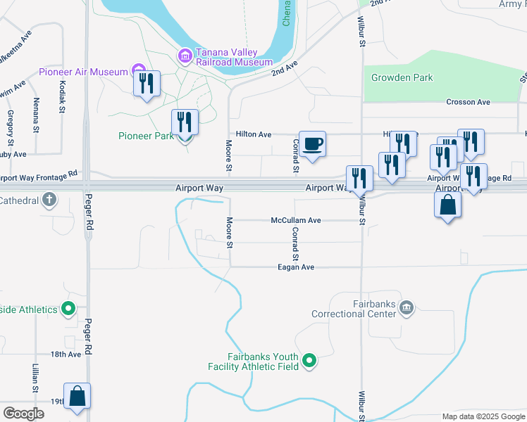 map of restaurants, bars, coffee shops, grocery stores, and more near 2112 McCullam Avenue in Fairbanks