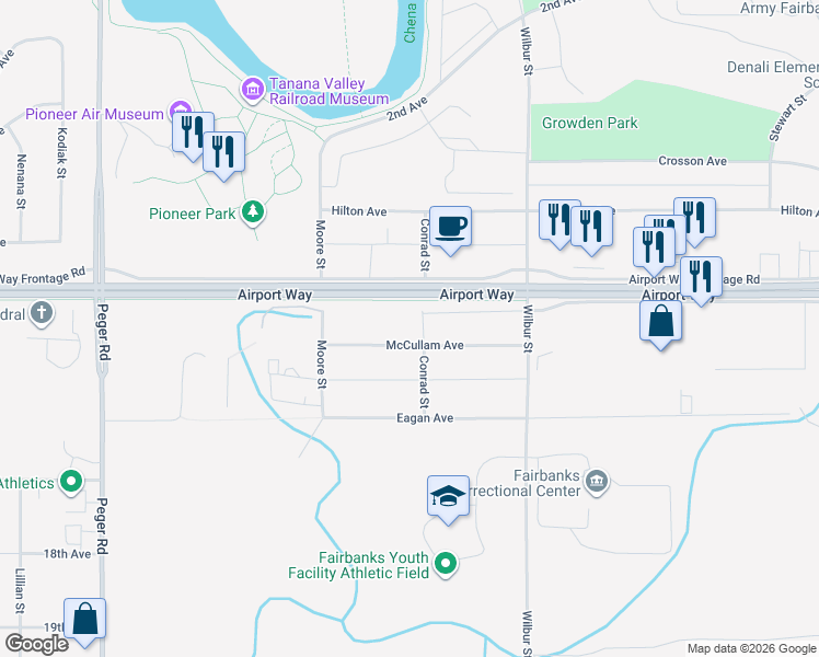 map of restaurants, bars, coffee shops, grocery stores, and more near 2106 McCullam Avenue in Fairbanks