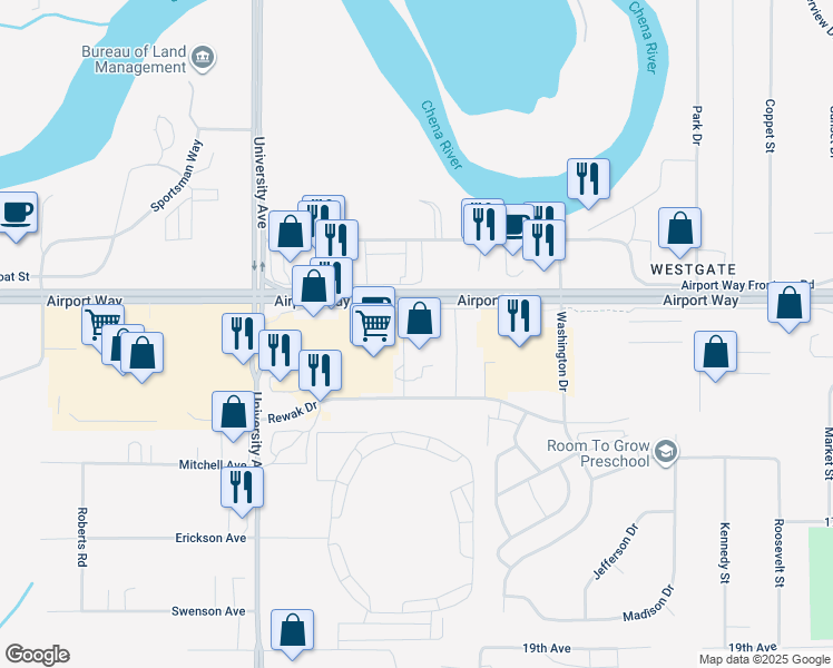 map of restaurants, bars, coffee shops, grocery stores, and more near 1307 Kalakaket Street in Fairbanks
