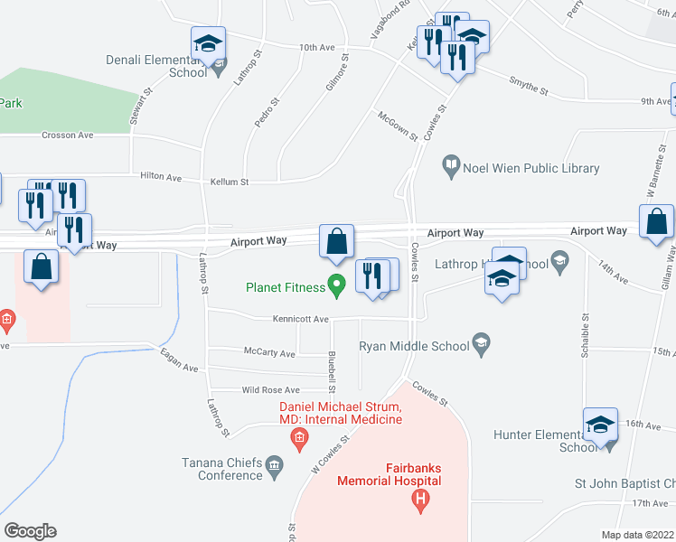 map of restaurants, bars, coffee shops, grocery stores, and more near 1255 Airport Way in Fairbanks