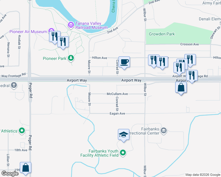 map of restaurants, bars, coffee shops, grocery stores, and more near 2106 McCullam Avenue in Fairbanks