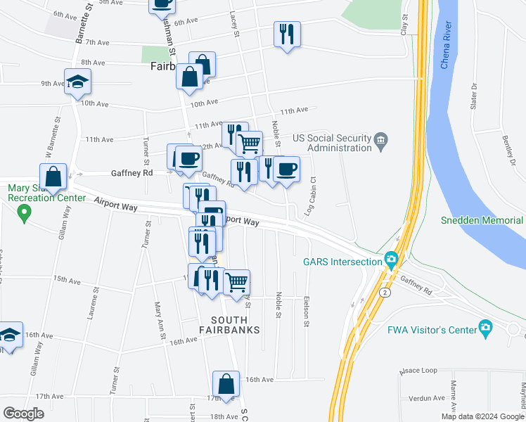 map of restaurants, bars, coffee shops, grocery stores, and more near 44 Airport Way in Fairbanks