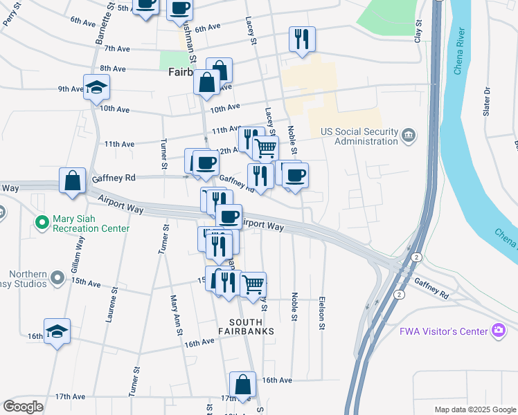 map of restaurants, bars, coffee shops, grocery stores, and more near 507 Gaffney Road in Fairbanks