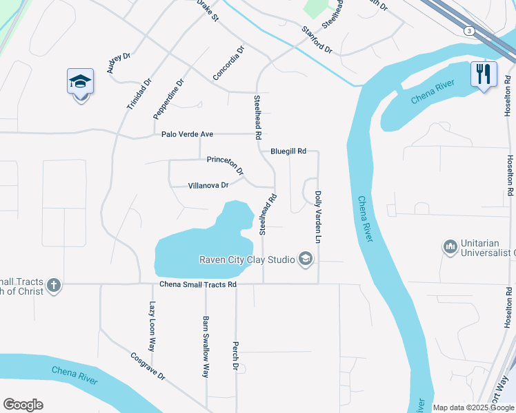 map of restaurants, bars, coffee shops, grocery stores, and more near 40 Steelhead Road in Fairbanks