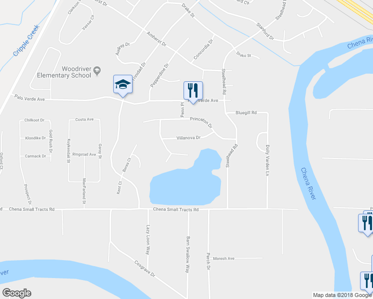 map of restaurants, bars, coffee shops, grocery stores, and more near 4776 Villanova Drive in Fairbanks