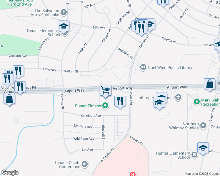 map of restaurants, bars, coffee shops, grocery stores, and more near Airport Way in Fairbanks