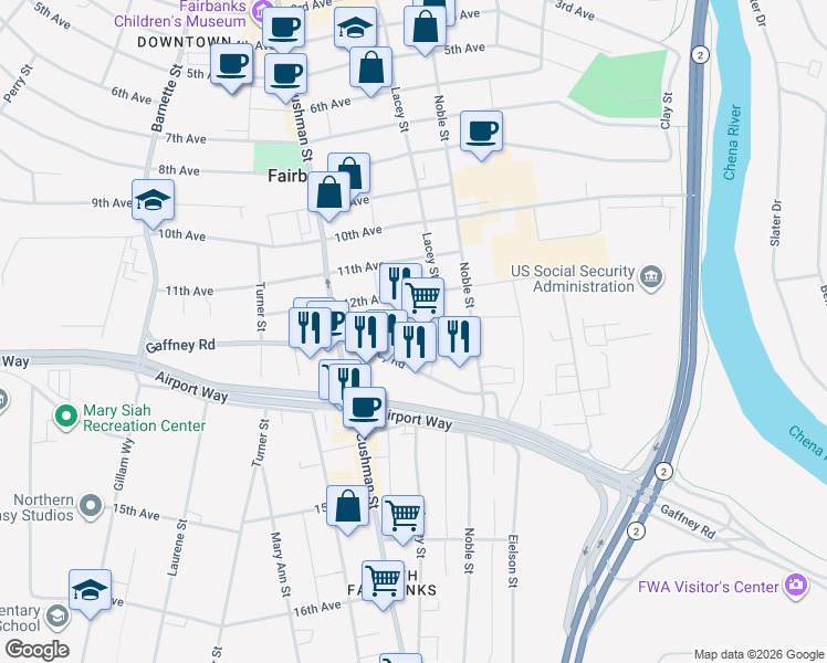 map of restaurants, bars, coffee shops, grocery stores, and more near 513 12th Avenue in Fairbanks
