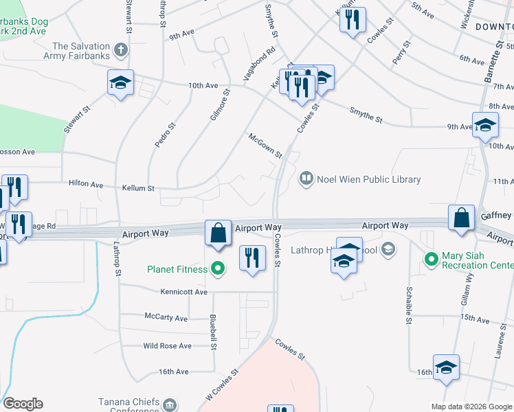 map of restaurants, bars, coffee shops, grocery stores, and more near 1230-1298 Cowles St in Fairbanks