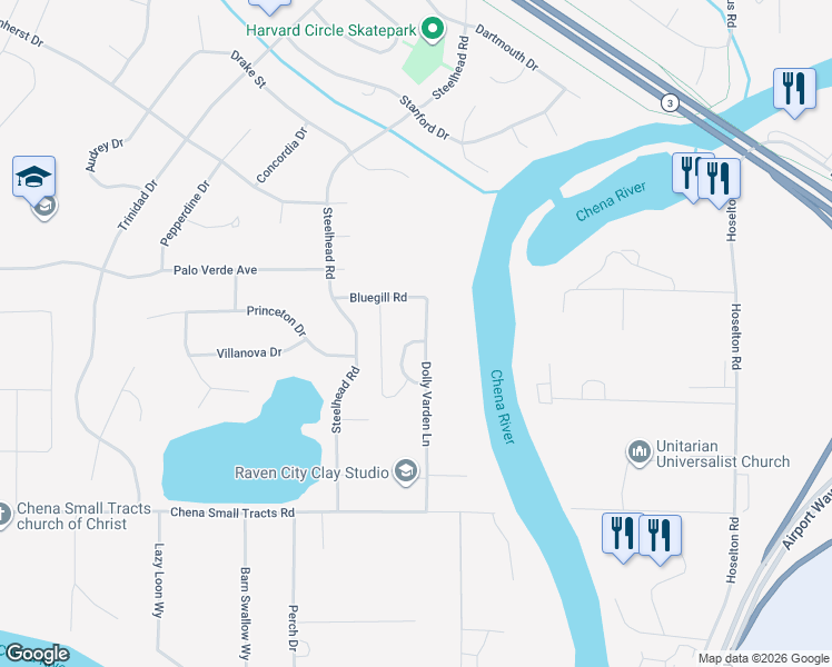map of restaurants, bars, coffee shops, grocery stores, and more near 1240 Dolly Varden Ln in Fairbanks