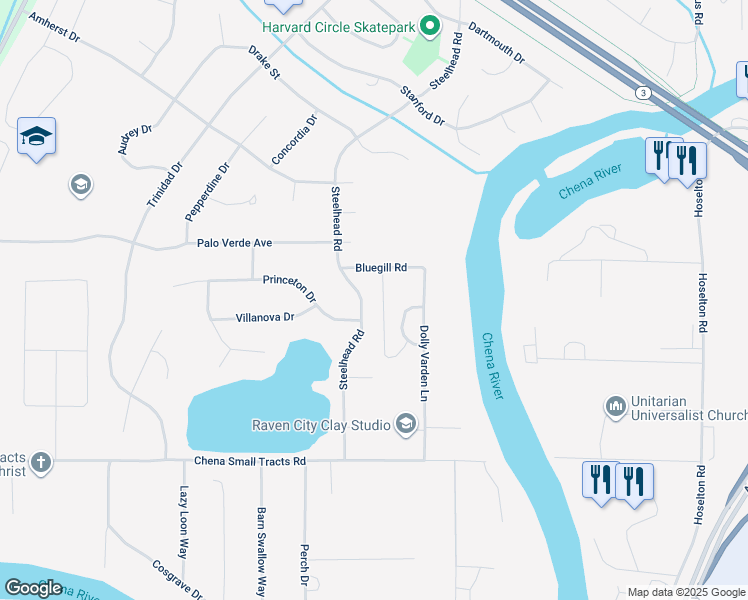 map of restaurants, bars, coffee shops, grocery stores, and more near 57 Steelhead Road in Fairbanks