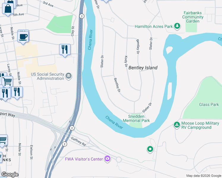 map of restaurants, bars, coffee shops, grocery stores, and more near 311 Slater Dr in Fairbanks