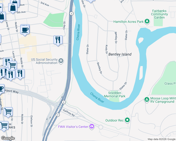 map of restaurants, bars, coffee shops, grocery stores, and more near 308 Slater Drive in Fairbanks
