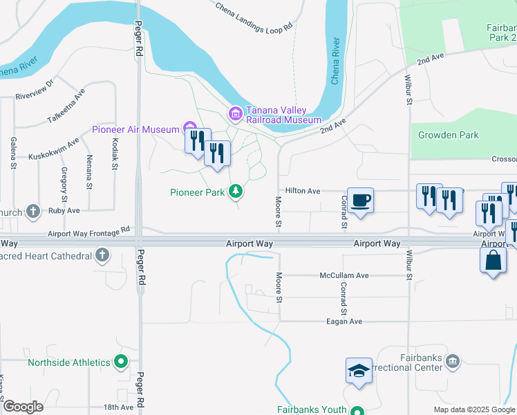 map of restaurants, bars, coffee shops, grocery stores, and more near 2300 Airport Way in Fairbanks