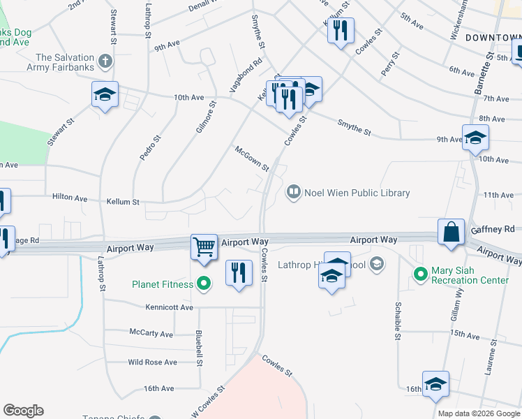 map of restaurants, bars, coffee shops, grocery stores, and more near 1230 Cowles Street in Fairbanks