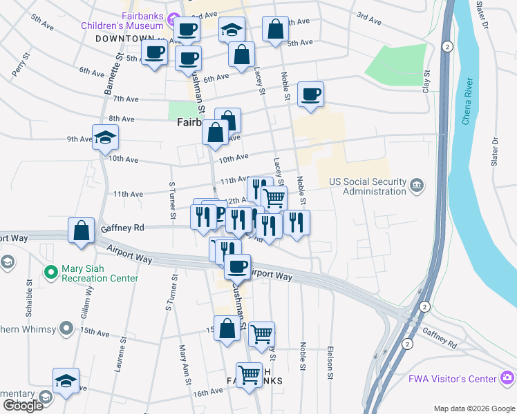 map of restaurants, bars, coffee shops, grocery stores, and more near 537 Gaffney Road in Fairbanks
