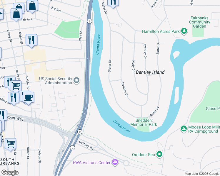 map of restaurants, bars, coffee shops, grocery stores, and more near 308 Slater Drive in Fairbanks