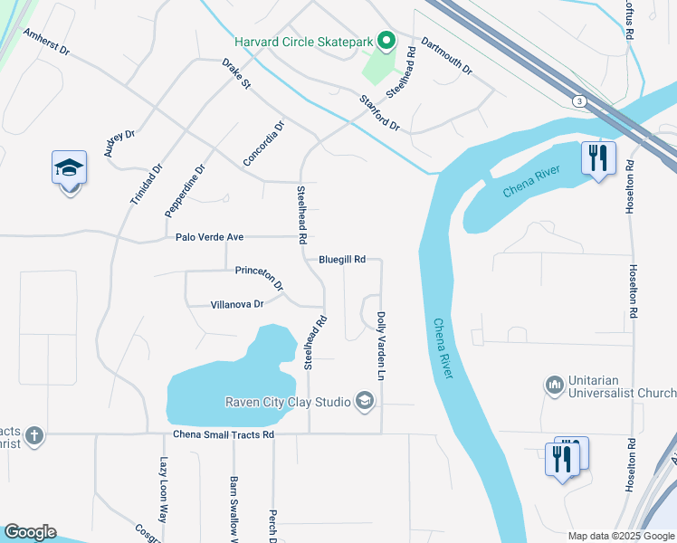 map of restaurants, bars, coffee shops, grocery stores, and more near 57 Steelhead Road in Fairbanks