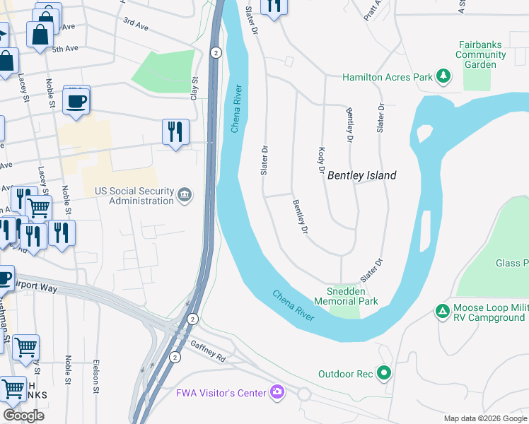 map of restaurants, bars, coffee shops, grocery stores, and more near 308 Slater Drive in Fairbanks