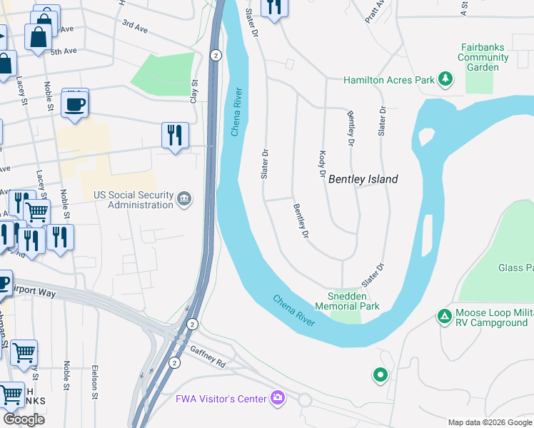 map of restaurants, bars, coffee shops, grocery stores, and more near 308 Slater Drive in Fairbanks