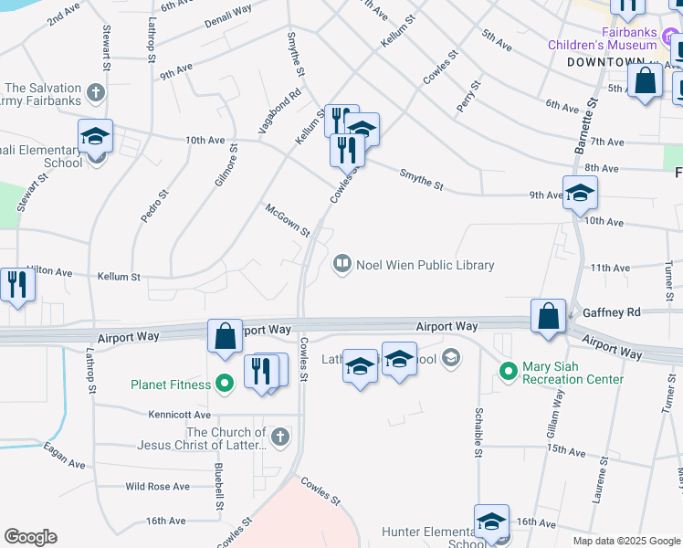 map of restaurants, bars, coffee shops, grocery stores, and more near 1215 Cowles Street in Fairbanks