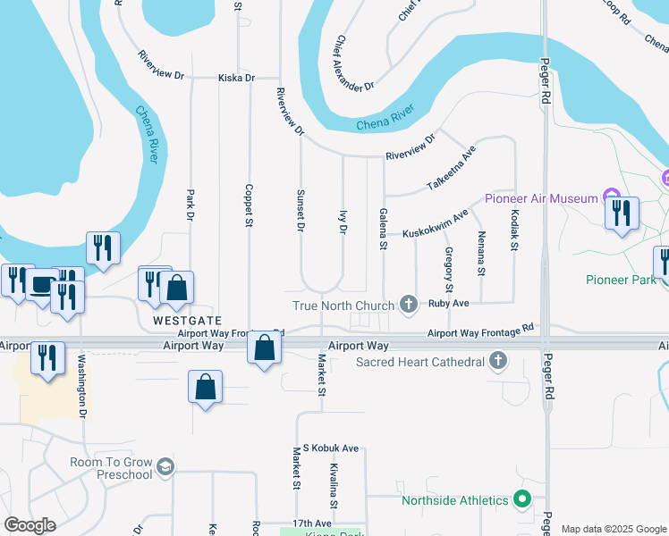 map of restaurants, bars, coffee shops, grocery stores, and more near 1152 Ivy Drive in Fairbanks
