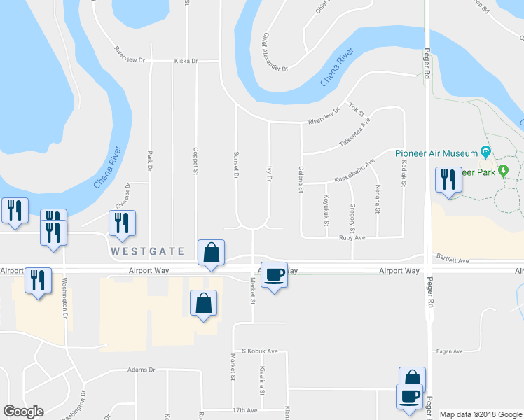 map of restaurants, bars, coffee shops, grocery stores, and more near 1152 Ivy Drive in Fairbanks