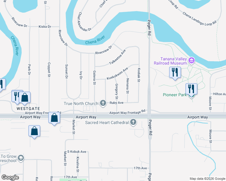 map of restaurants, bars, coffee shops, grocery stores, and more near 1170 Gregory Street in Fairbanks