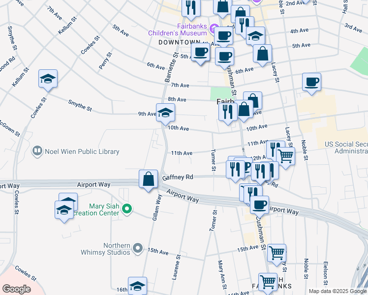 map of restaurants, bars, coffee shops, grocery stores, and more near 666 11th Avenue in Fairbanks