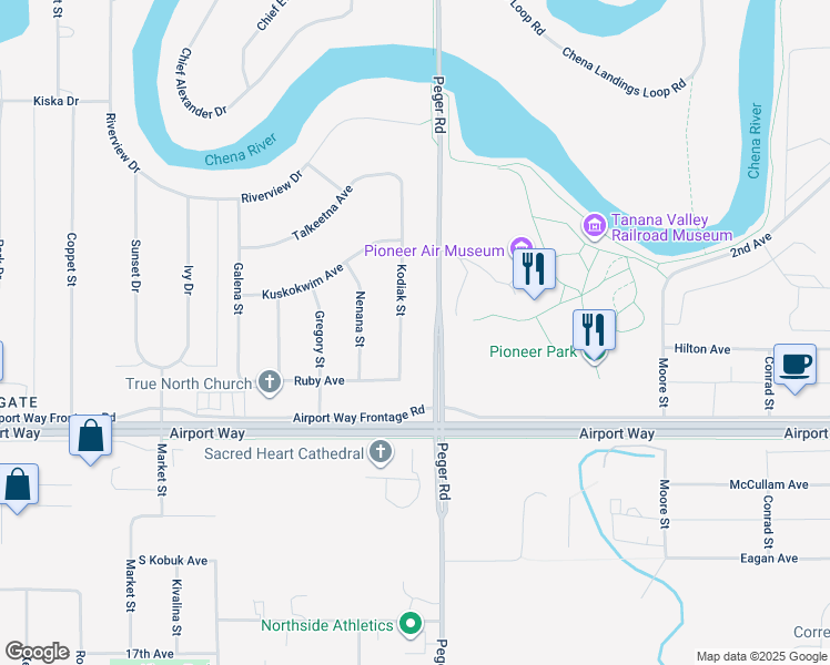 map of restaurants, bars, coffee shops, grocery stores, and more near 1161 Kodiak Street in Fairbanks