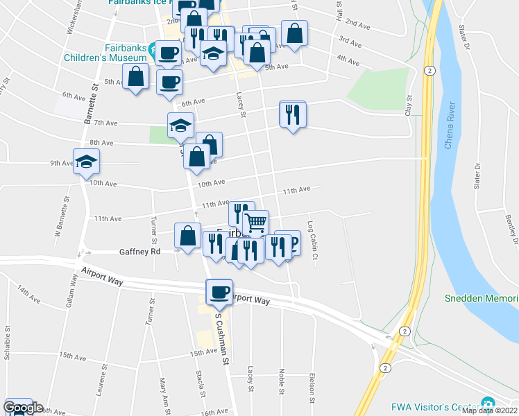 map of restaurants, bars, coffee shops, grocery stores, and more near 1199 Lacey Street in Fairbanks