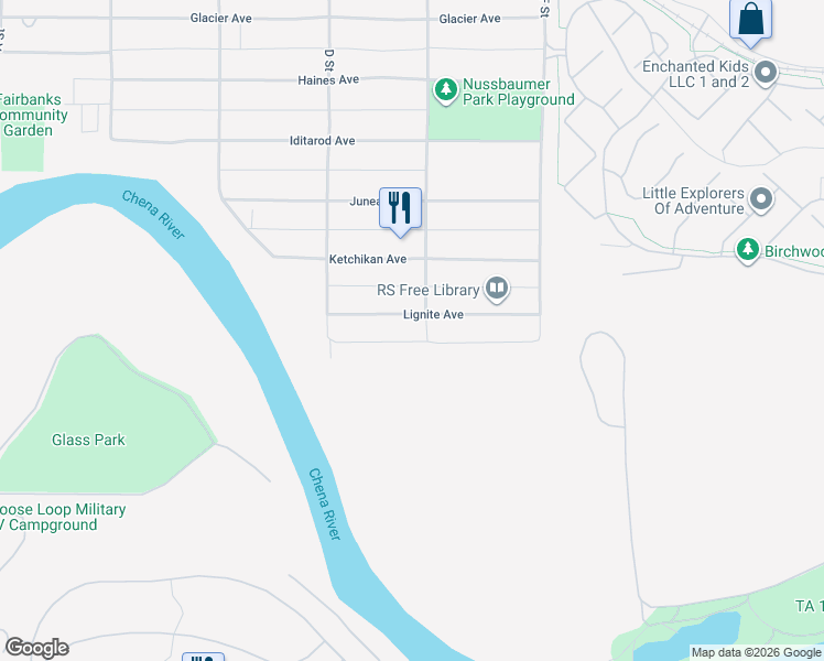 map of restaurants, bars, coffee shops, grocery stores, and more near 432 Lignite Avenue in Fairbanks