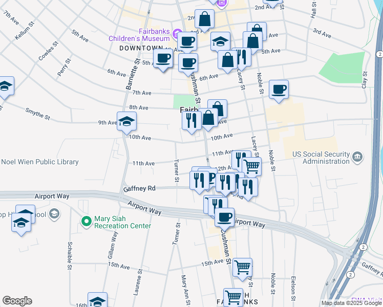 map of restaurants, bars, coffee shops, grocery stores, and more near 911 Cushman Street in Fairbanks