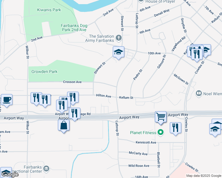 map of restaurants, bars, coffee shops, grocery stores, and more near 1545 Crosson Avenue in Fairbanks