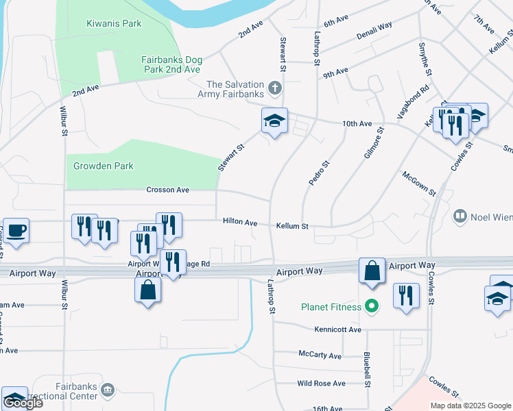 map of restaurants, bars, coffee shops, grocery stores, and more near 1545 Crosson Avenue in Fairbanks