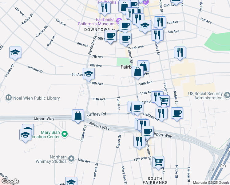 map of restaurants, bars, coffee shops, grocery stores, and more near 665 10th Avenue in Fairbanks